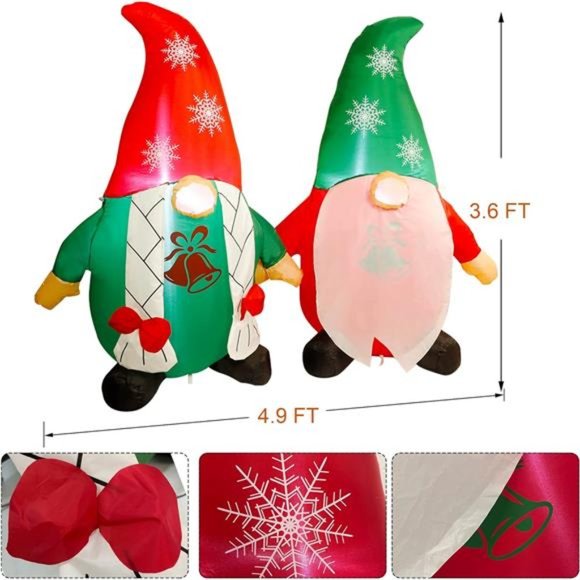 Inflatable Lighted Christmas Gnomes Couple, Swedish Gnome, 3.6ft H x 4.9ft W - Picture 2 of 6